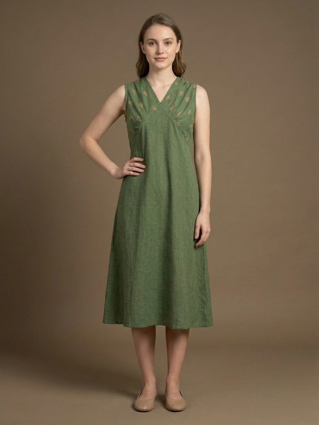 Indyvarna VEDA Handcrafted Cotton Dress- Moss Green