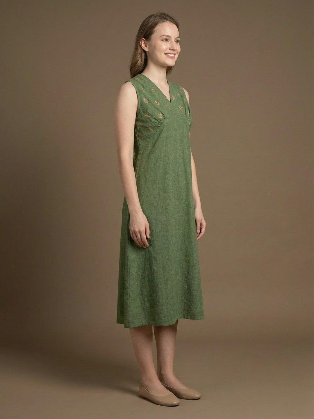 Indyvarna VEDA Handcrafted Cotton Dress- Moss Green