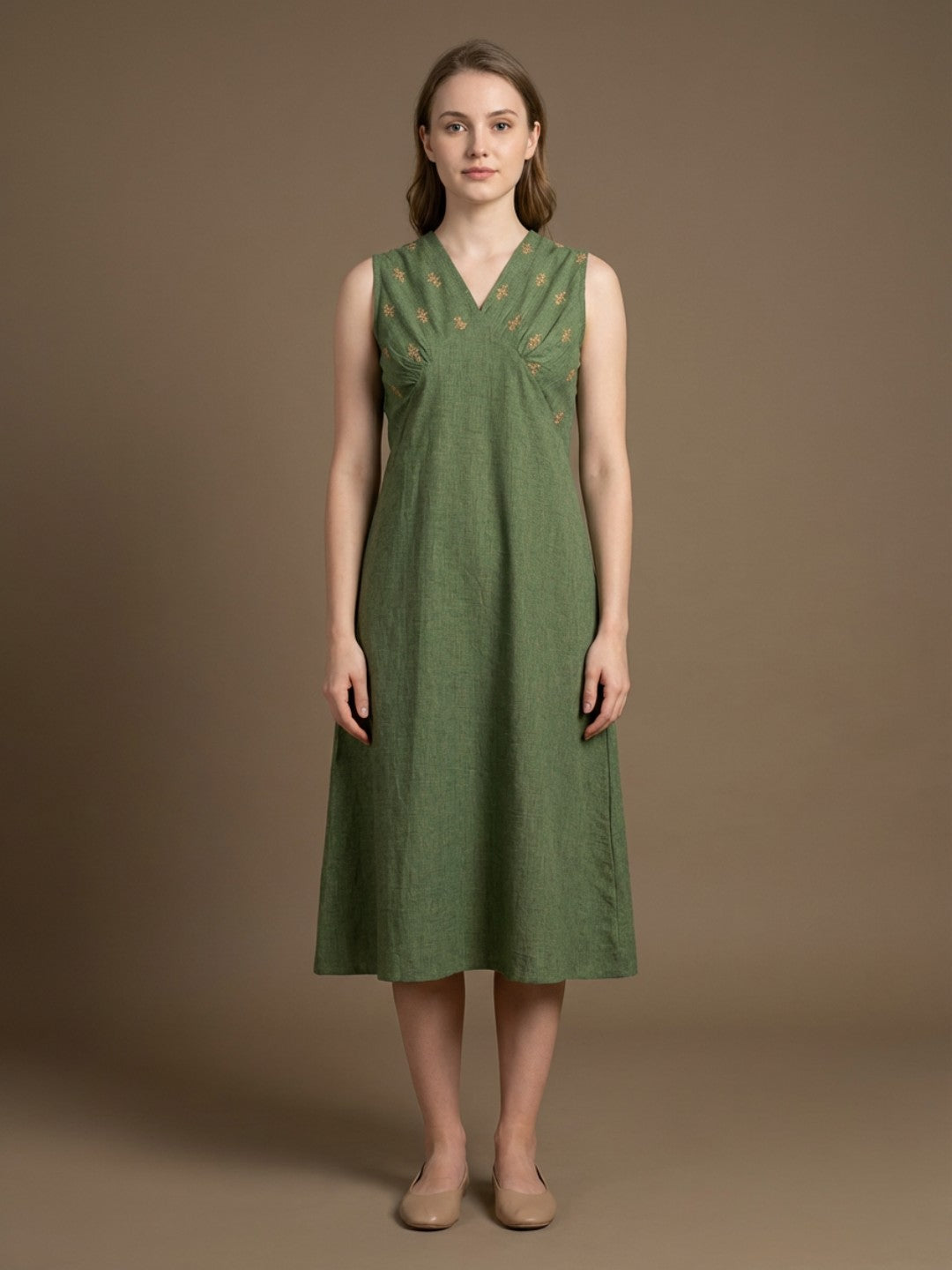 Indyvarna VEDA Handcrafted Cotton Dress- Moss Green