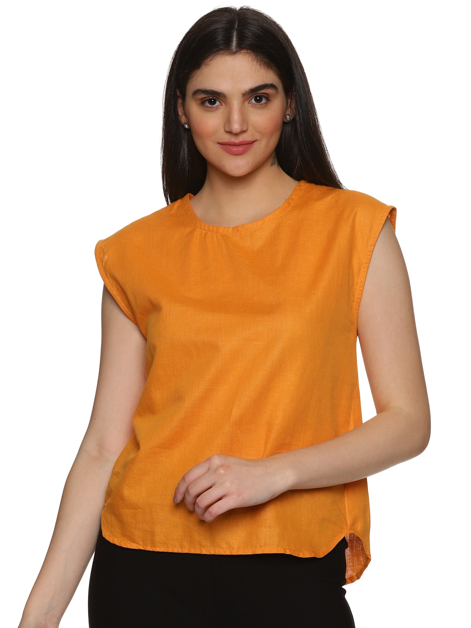 A model in Cotton Drop Shoulder Orange Top, a womens workwear is standing against a white background