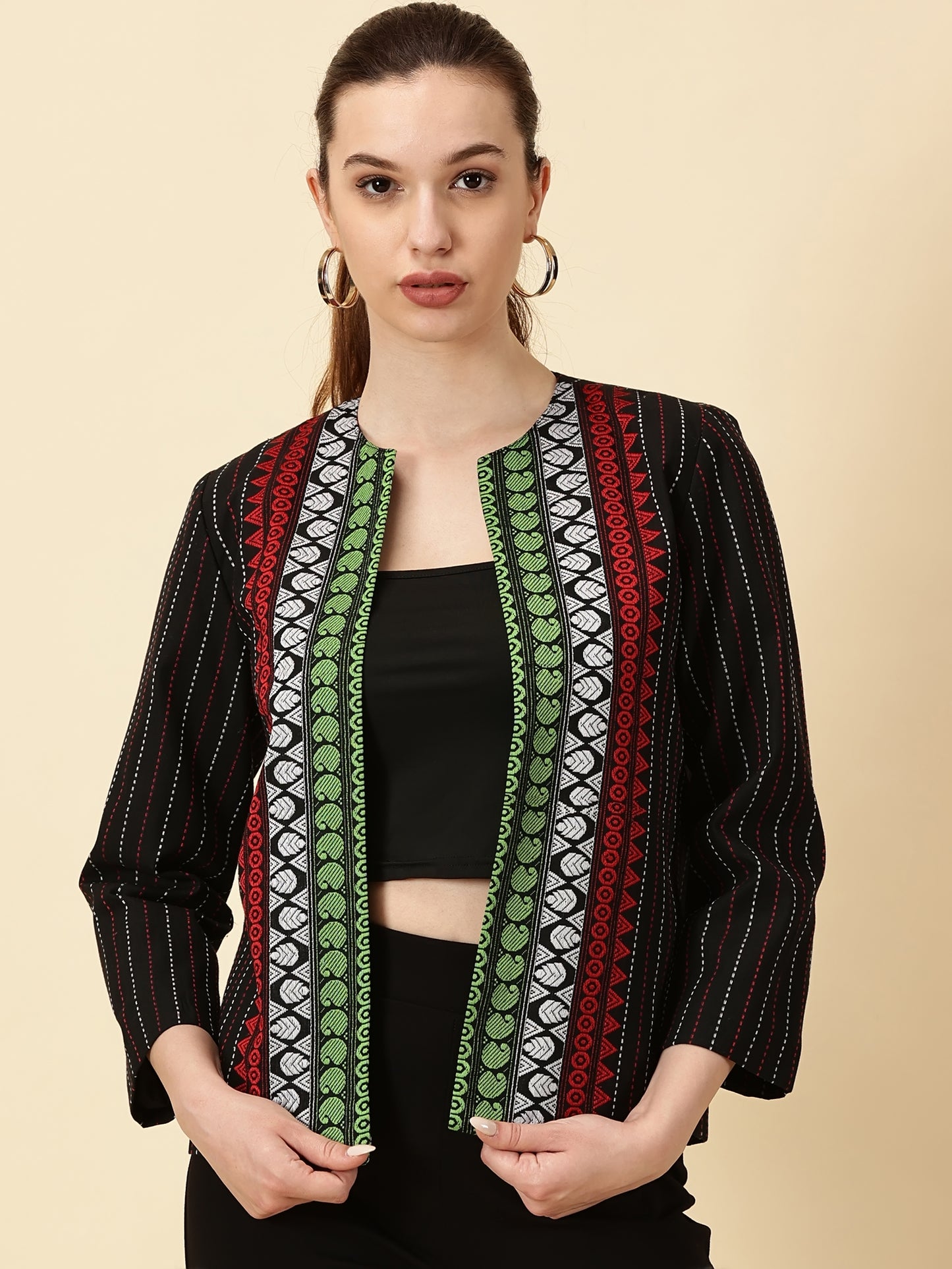 Handwoven Open Front Blazer – Red & Green Border Detail Heritage Weave. Bold Vibes.