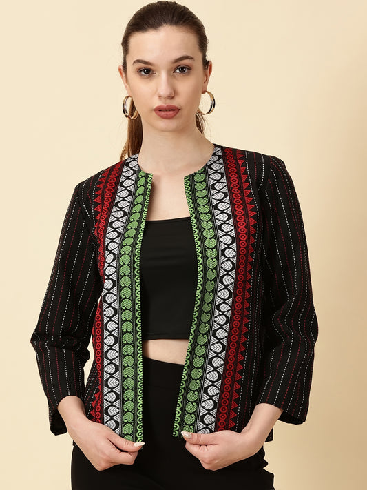 Handwoven Open Front Blazer – Red & Green Border Detail Heritage Weave. Bold Vibes.