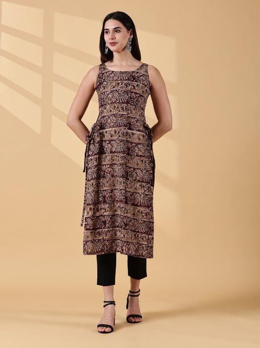 Pramiti Side Slit Kurta -Dark Brown Kalamkari