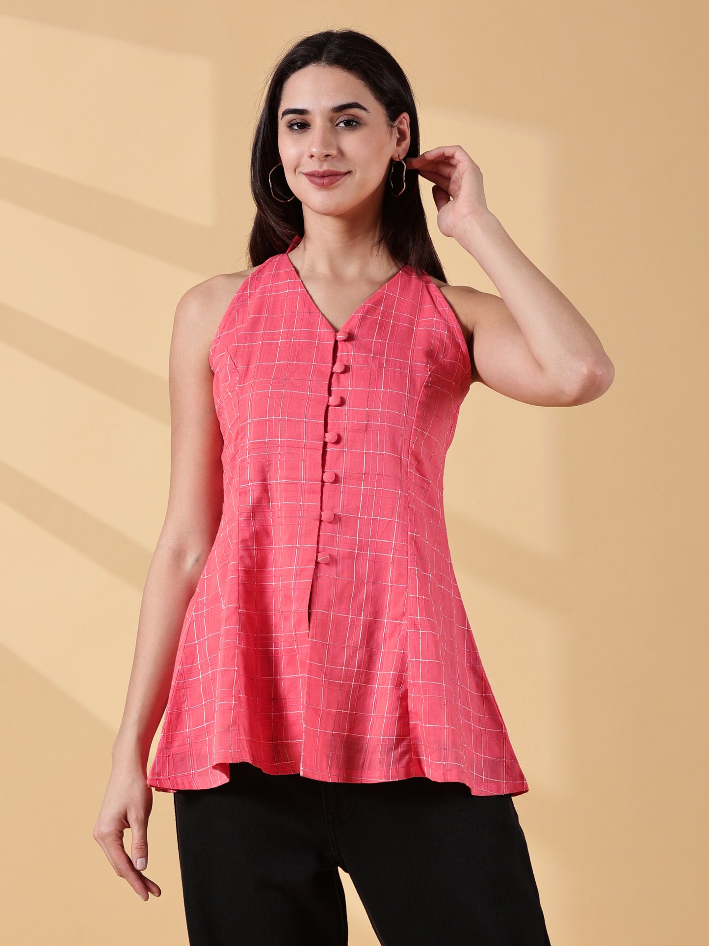 Indyvarna Anagha Halter Cotton Tunic – Coral Grid