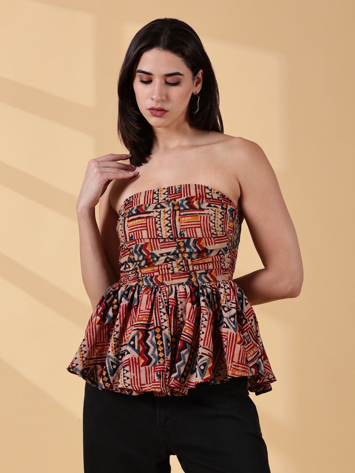 Indyvarna Janya Kalamkari Peplum Top – Rust & Indigo Handblock