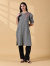 Indyvarna ANVI- Cotton Embroidered Kurta – Slate Grey Bloom
