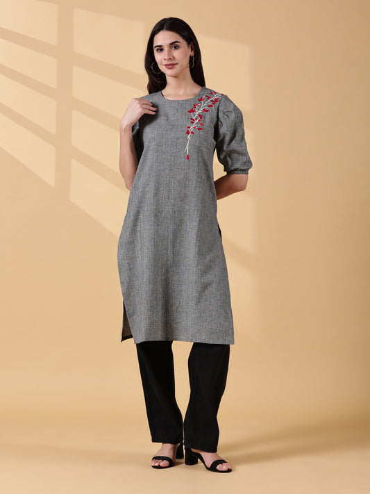 Indyvarna ANVI- Cotton Embroidered Kurta – Slate Grey Bloom