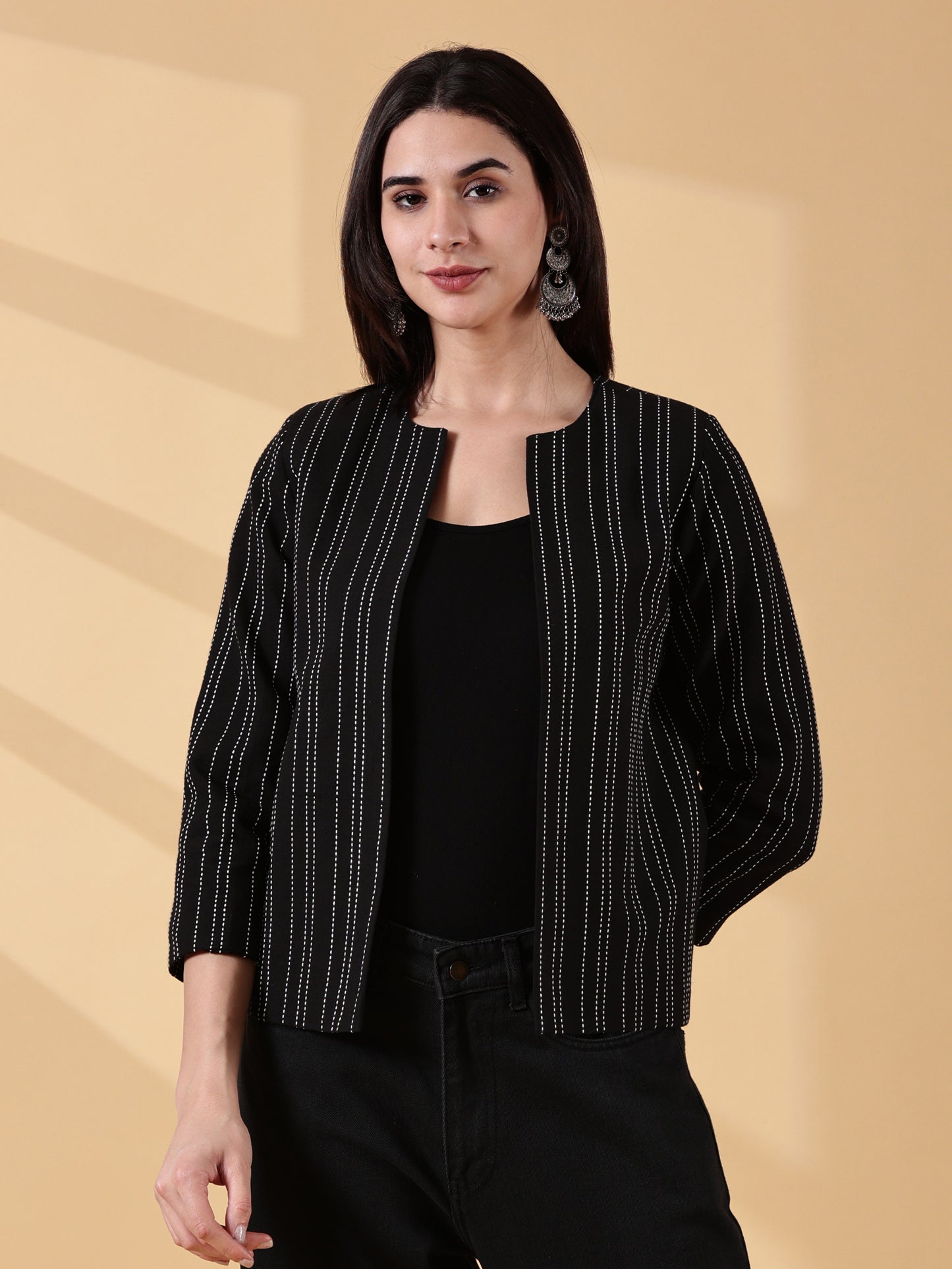 Midnight Classic Black Stripes-Open-Front Blazer-Handwoven Cotton  – Rekha Edit