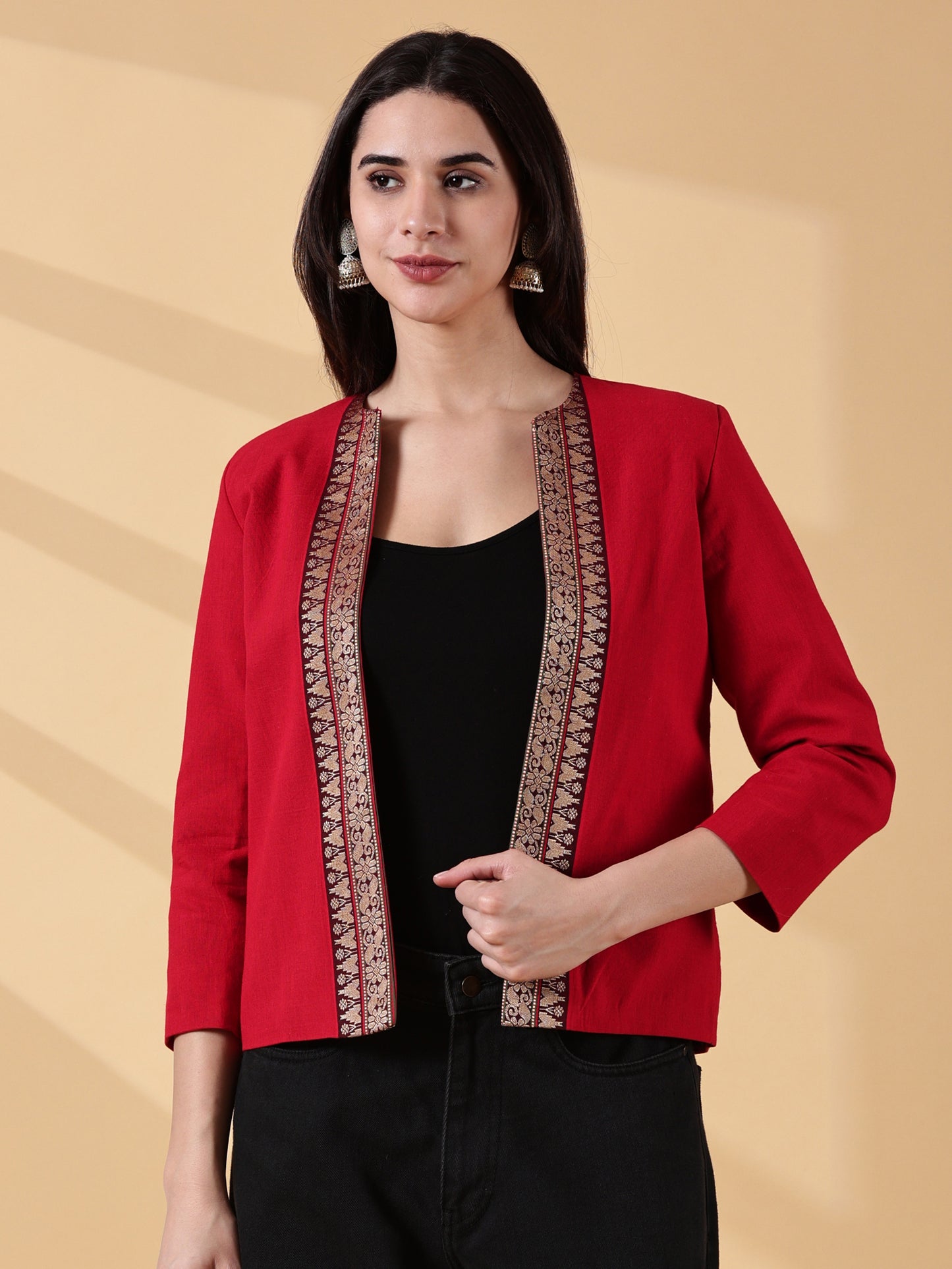 Festive Red Handwoven Cotton Open-Front Blazer – Rekha Edition