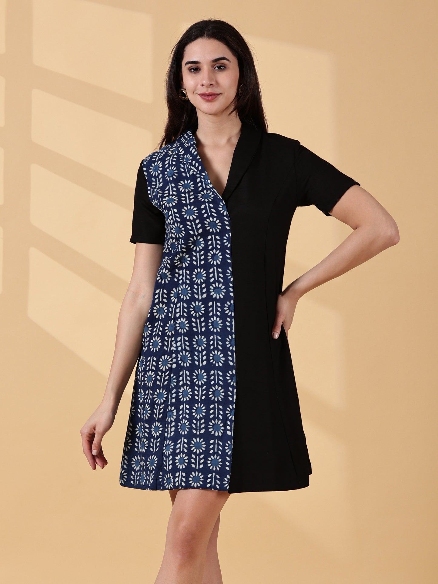 Kaya Half & Half Indigo Cotton Work Dress – Indigo & Black