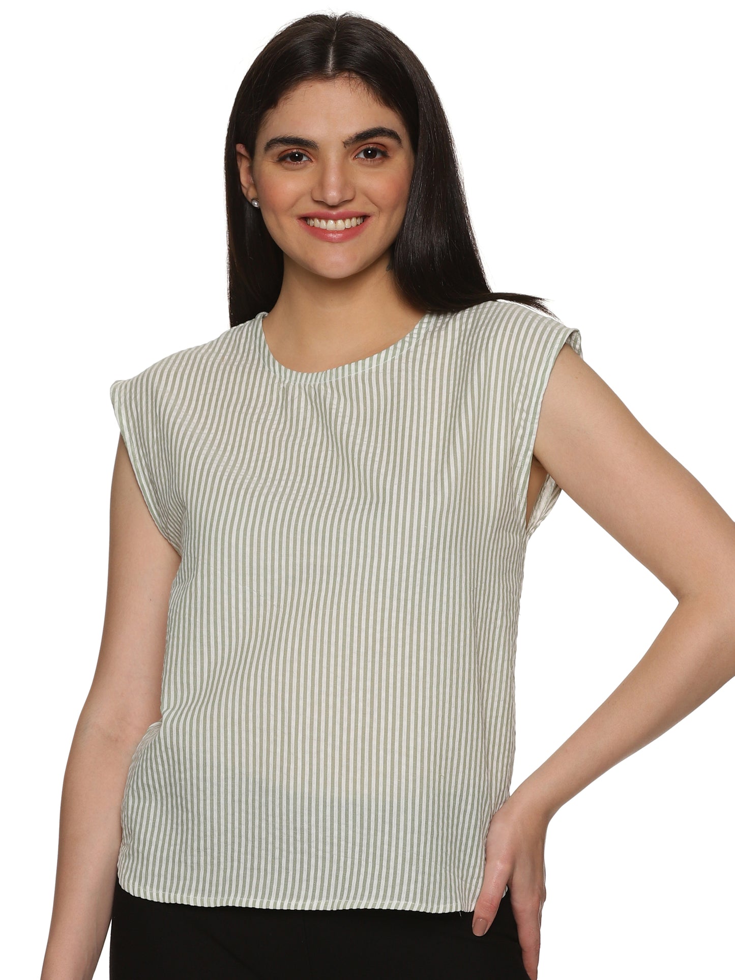 A model in Cotton Drop Shoulder vertical striped Top, a womens workwear is standing against a white background