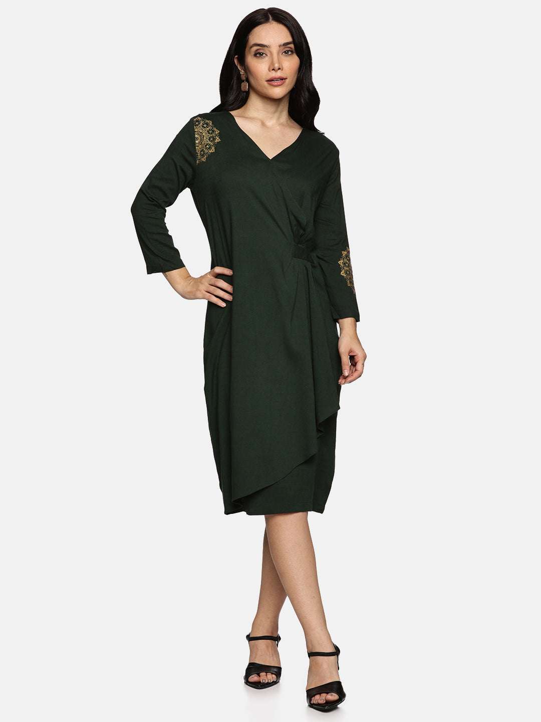 Cotton Lycra Wrap Dress-Olive Green