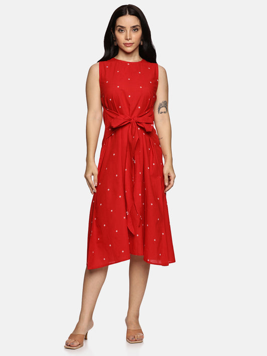 Polka Dot Handwoven A-Line Dress-Red