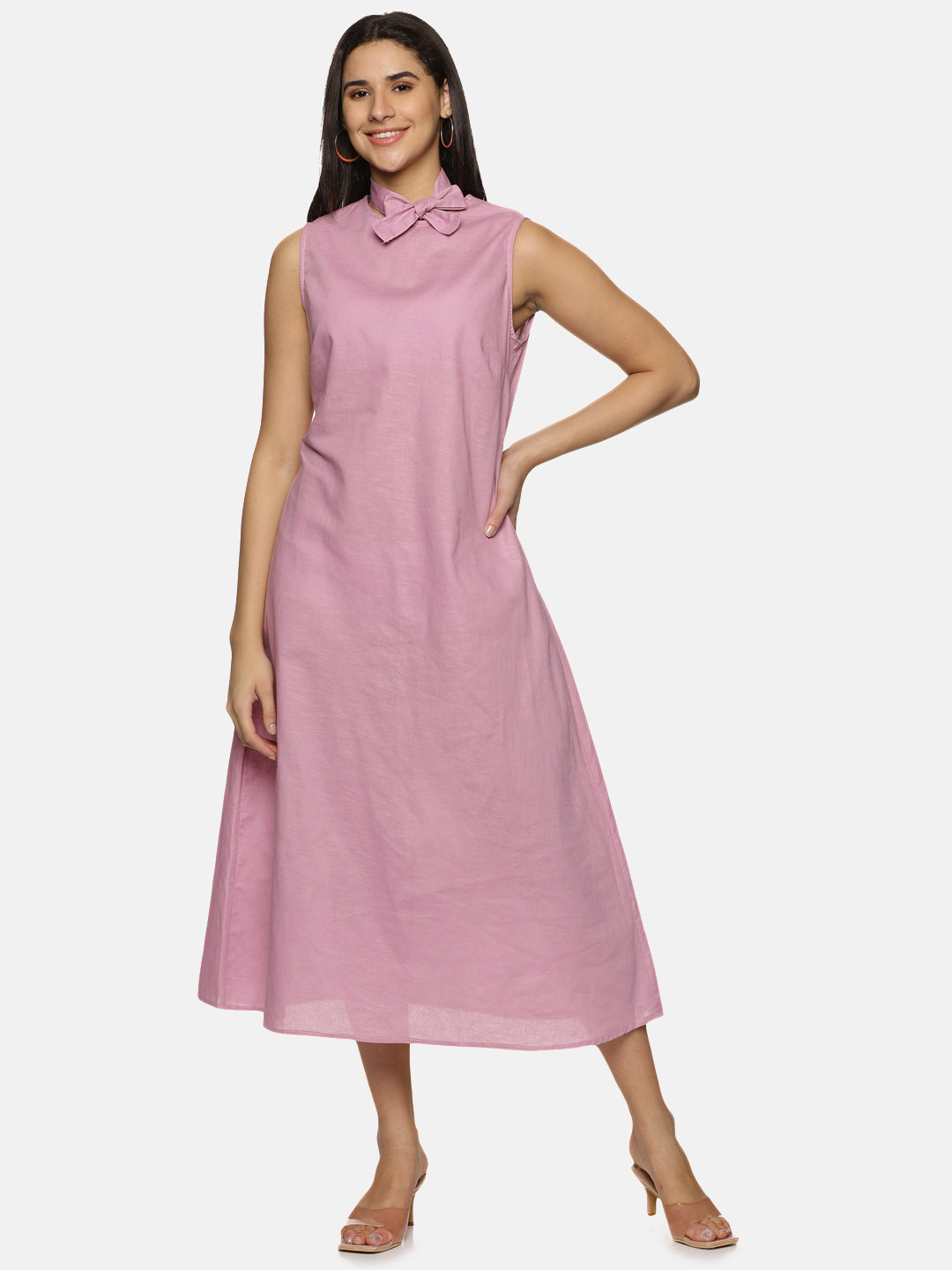 Linen Cotton Simple sleeveless Straight cut Dusty pink Dress