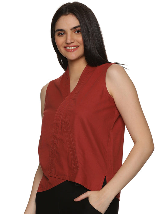 A beautiful picture of Linen Cotton Sleeveless Top - Rust Orange, womens workwear