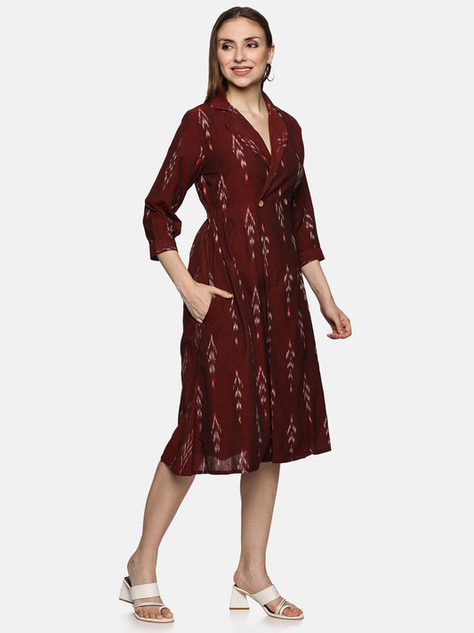 Shirt Collar A-Line Dress- Maroon