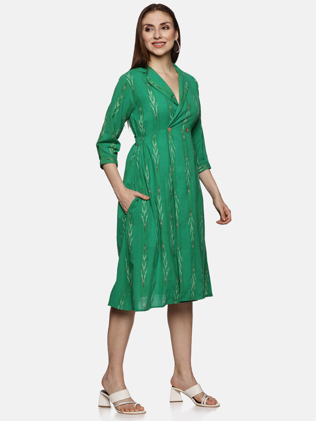 Shirt Collar A-Line Dress-Green