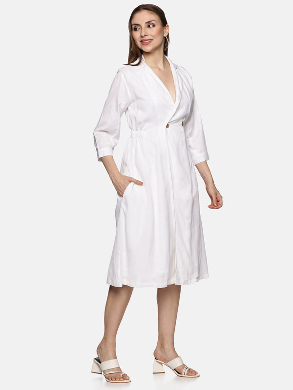 A Line Linen Button Lapel Dress-White