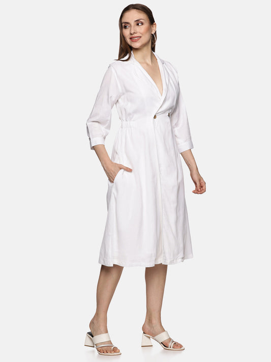 A Line Linen Button Lapel Dress-White