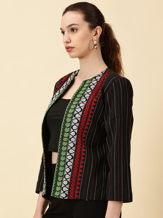 Handwoven Open Front Blazer – Red & Green Border Detail Heritage Weave. Bold Vibes.