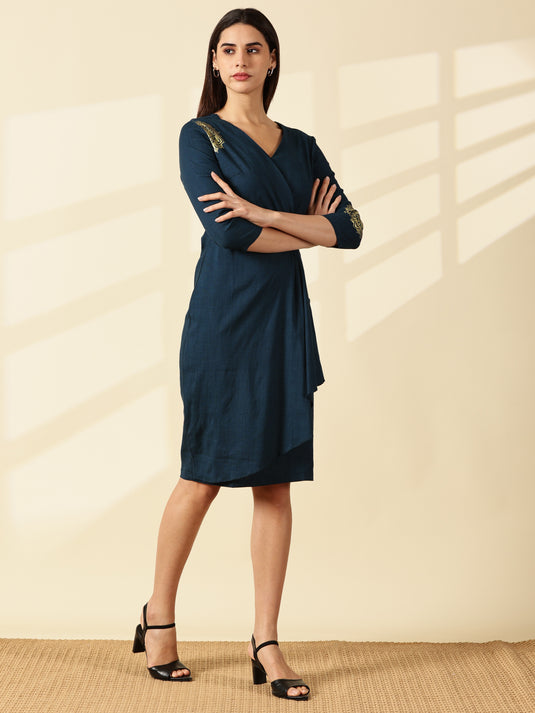 Teal Mandala Drape Business Dress