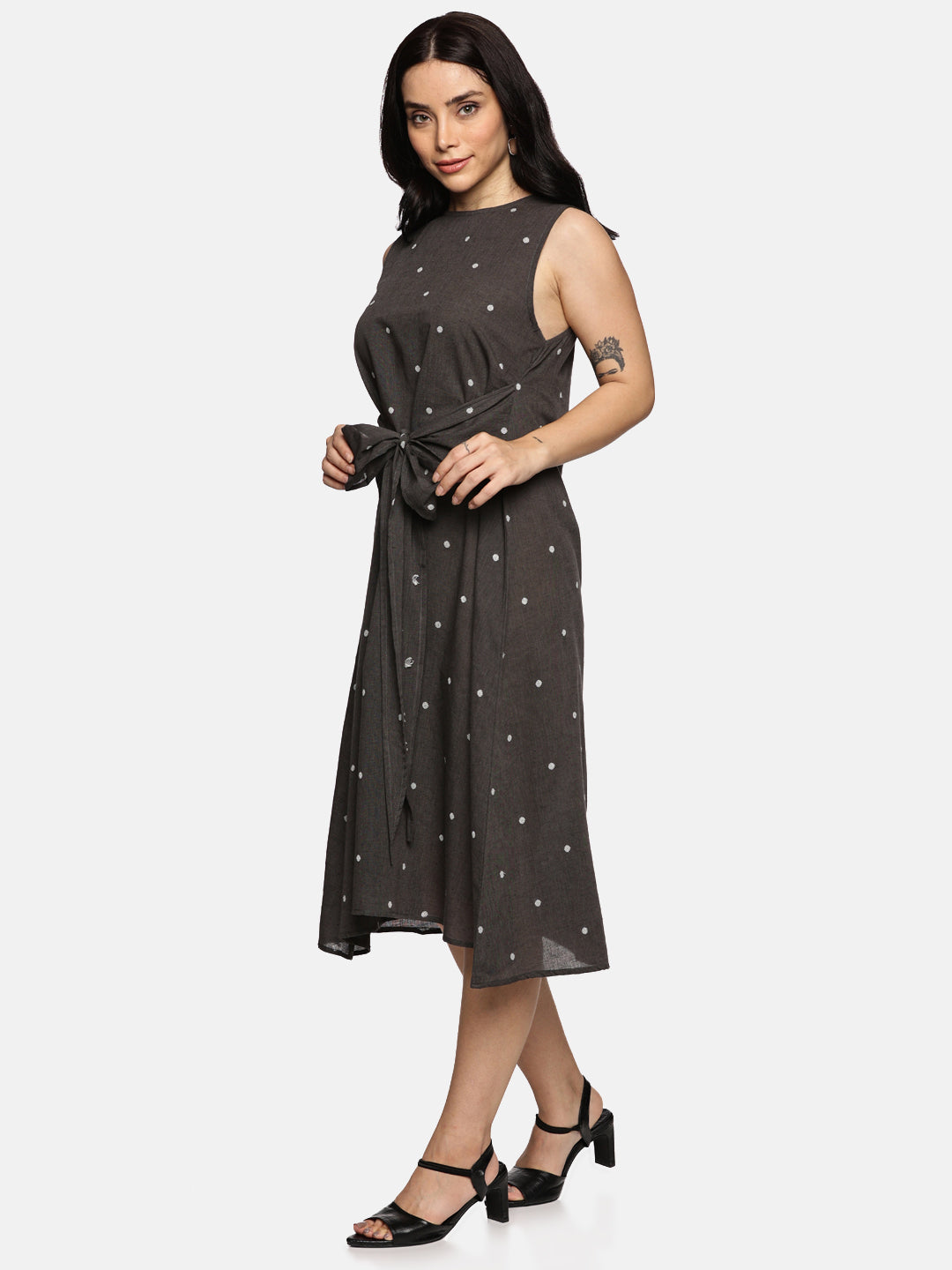 Polka Dot Handwoven A-Line Dress-Grey