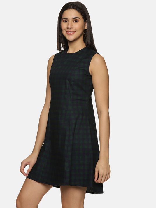 Olive and Black Cotton Checkered sleeveless Sheath Dress