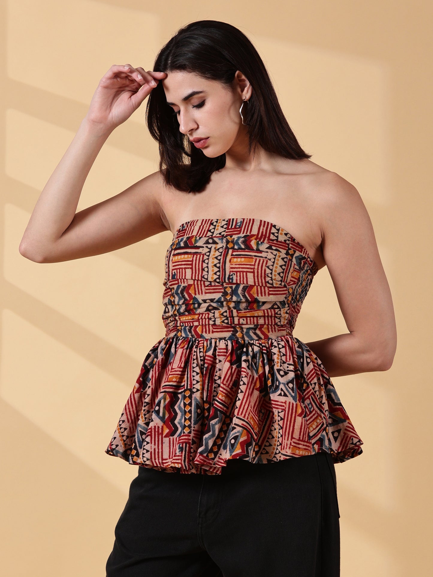 Indyvarna Janya Kalamkari Peplum Top – Rust & Indigo Handblock