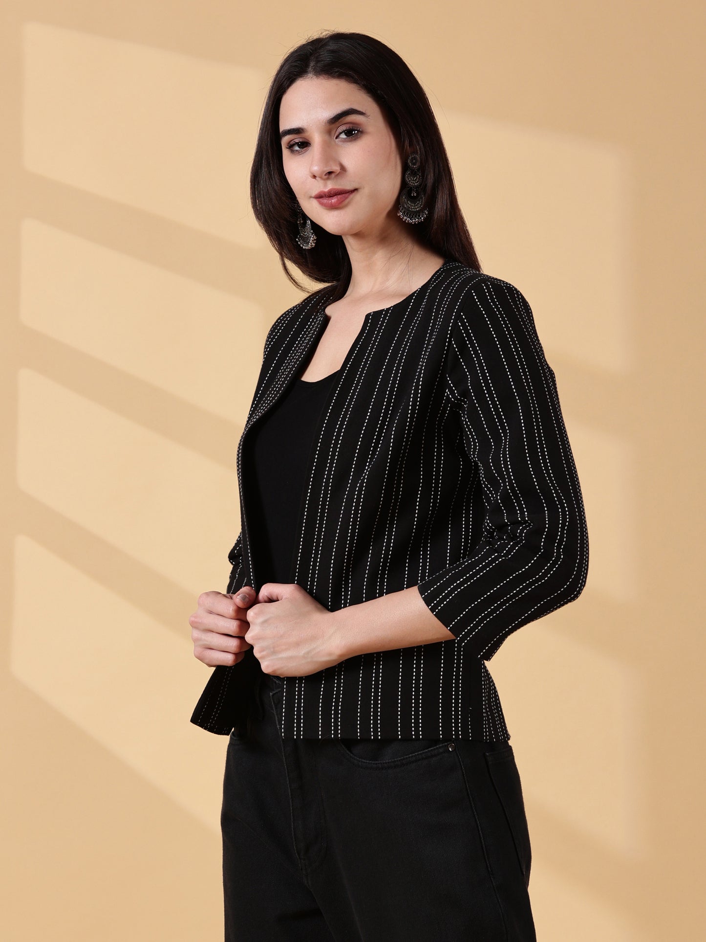 Midnight Classic Black Stripes-Open-Front Blazer-Handwoven Cotton  – Rekha Edit