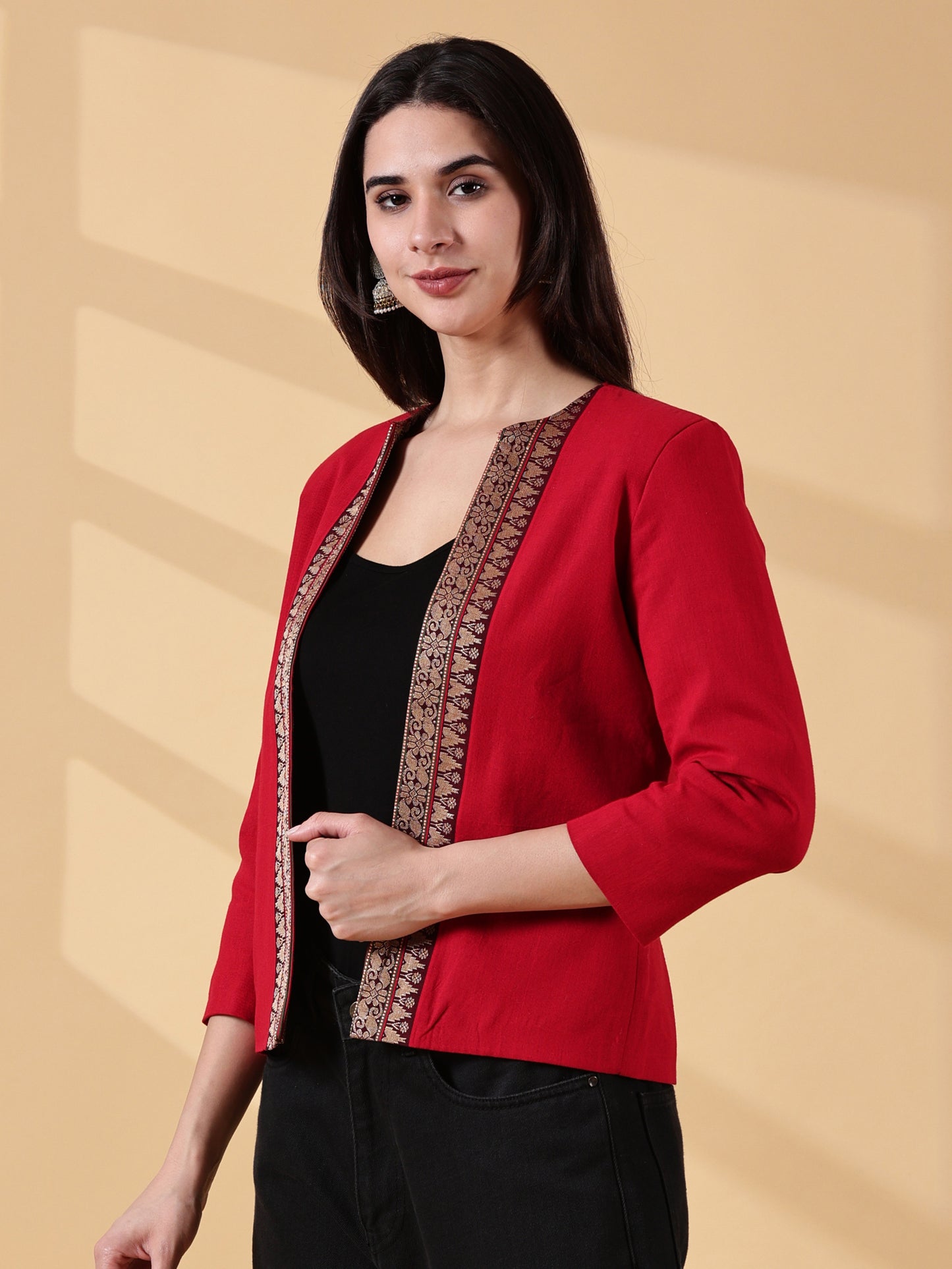 Festive Red Handwoven Cotton Open-Front Blazer – Rekha Edition