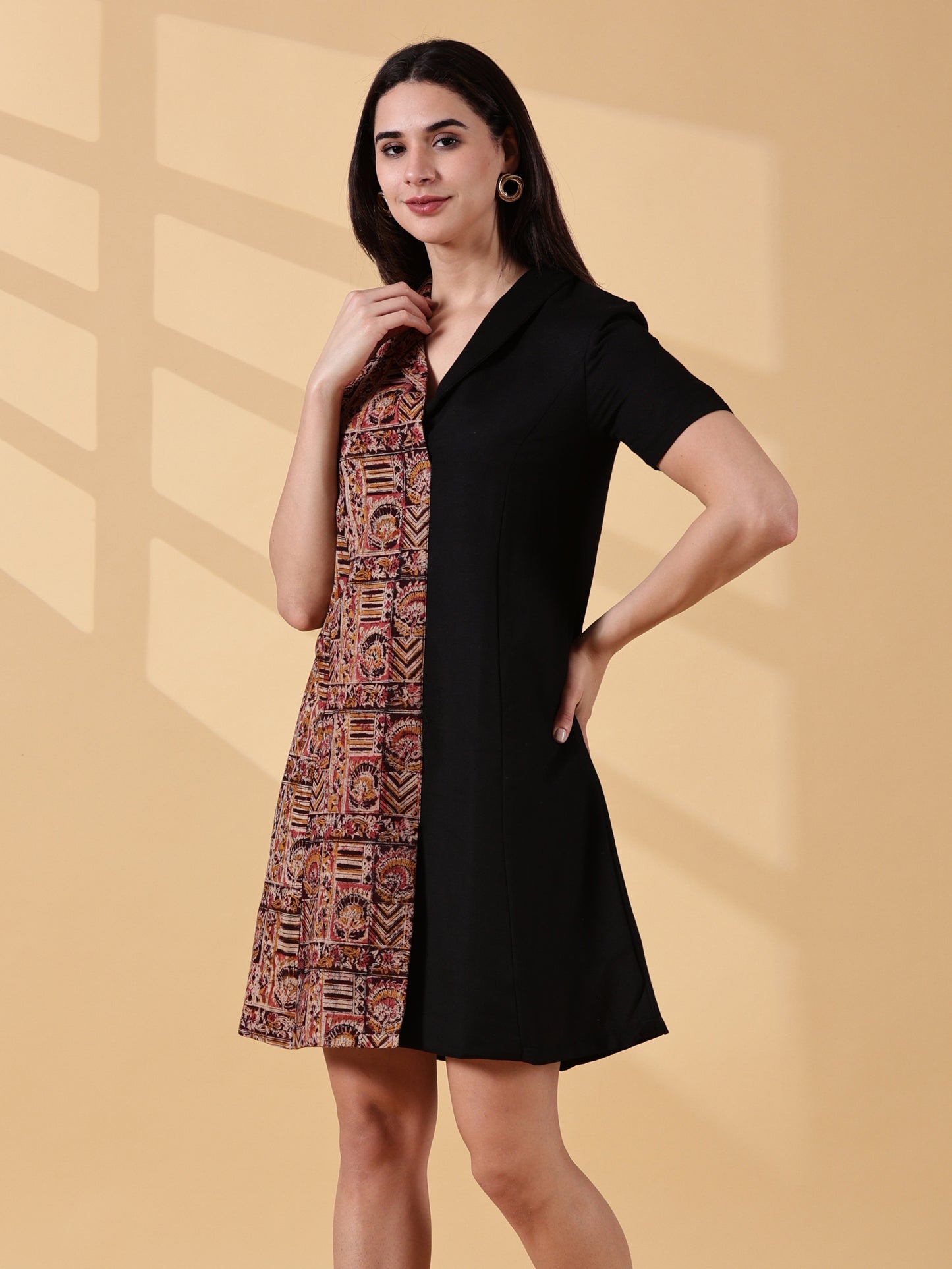 Kaya Half & Half Cotton Work Dress – Kalamkari & Black