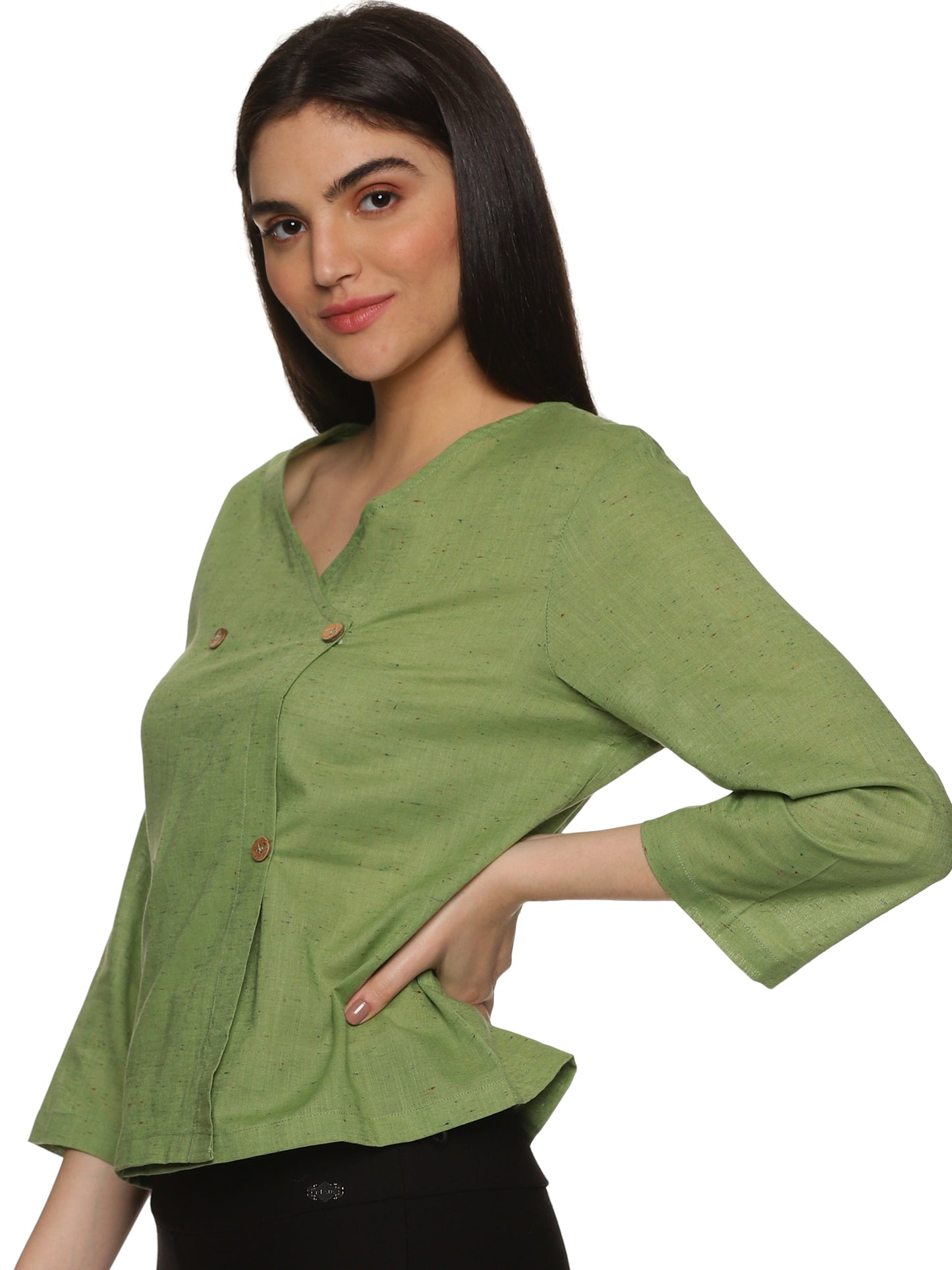 An aesthetic image of lady in Green Asymmetric Neck Side Button Top, womens workwear 