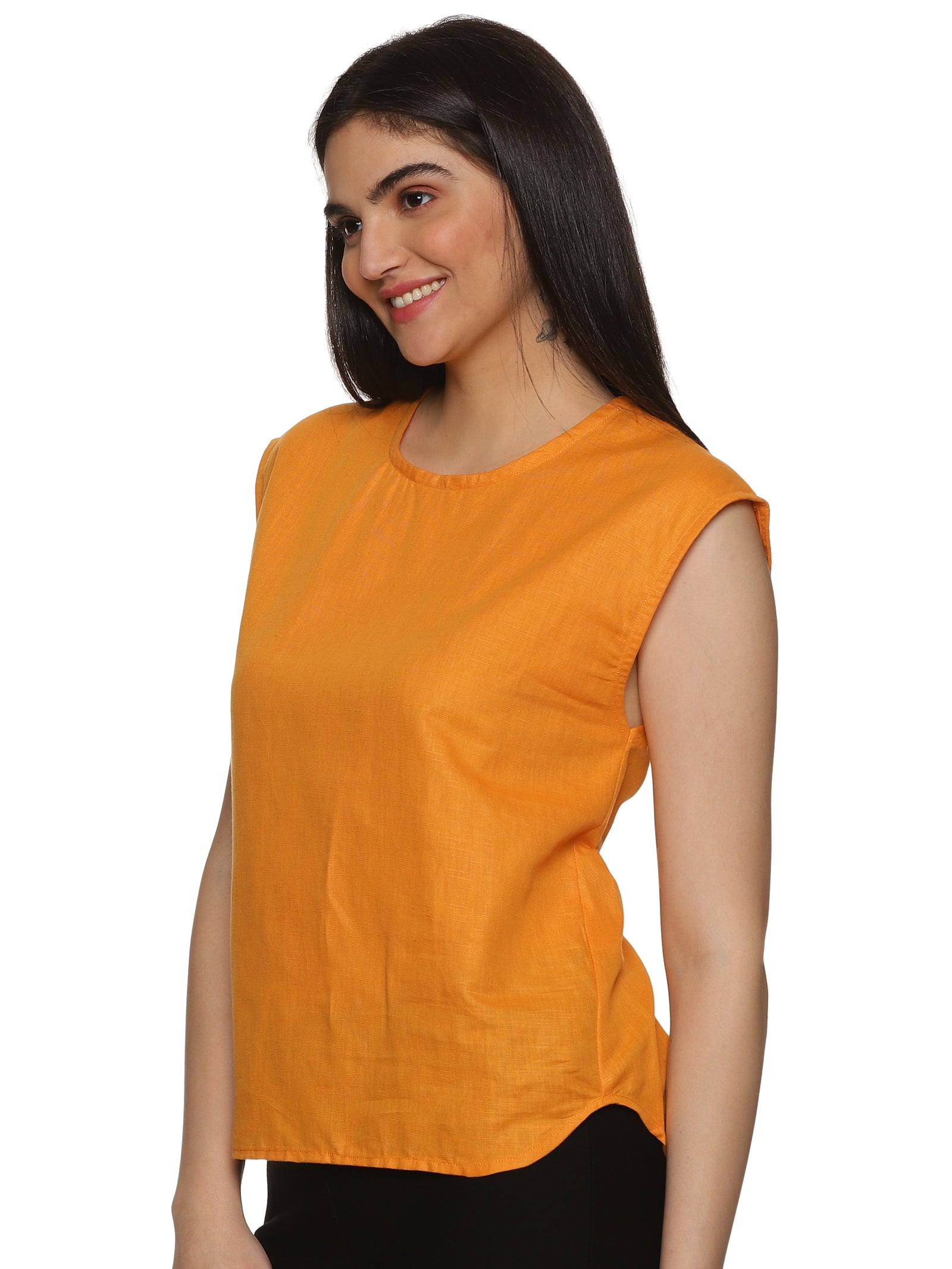 A beautiful picture of lady in Cotton Drop Shoulder Orange Top, womens workwear 