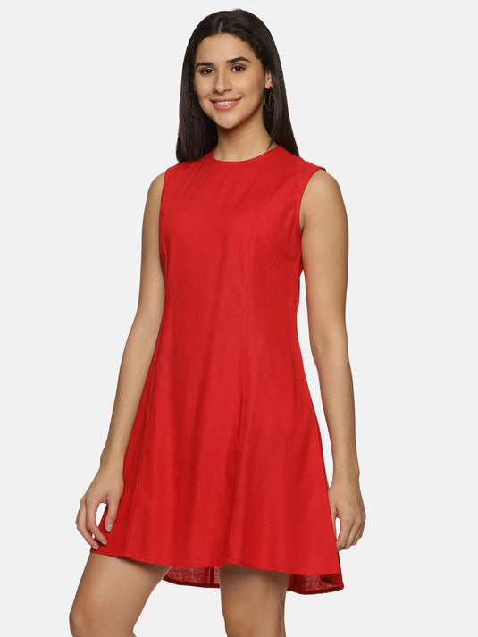 Red Linen Cotton sleeveless knee length Sheath Dress