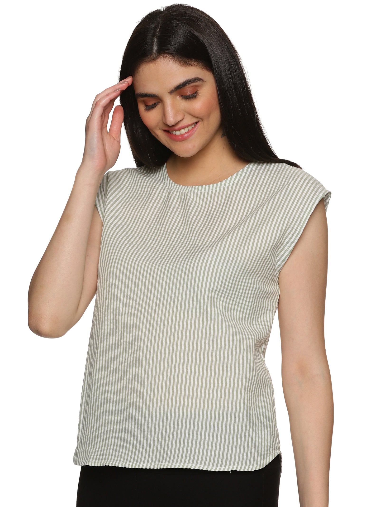 A beautiful picture of Cotton Drop Shoulder vertical striped Top, womens workwear