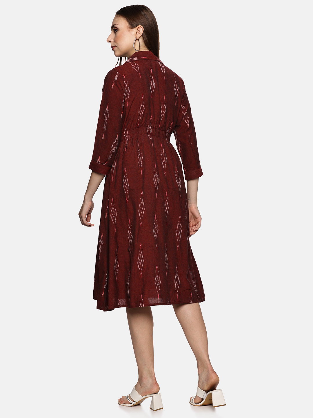 Shirt Collar A-Line Dress- Maroon