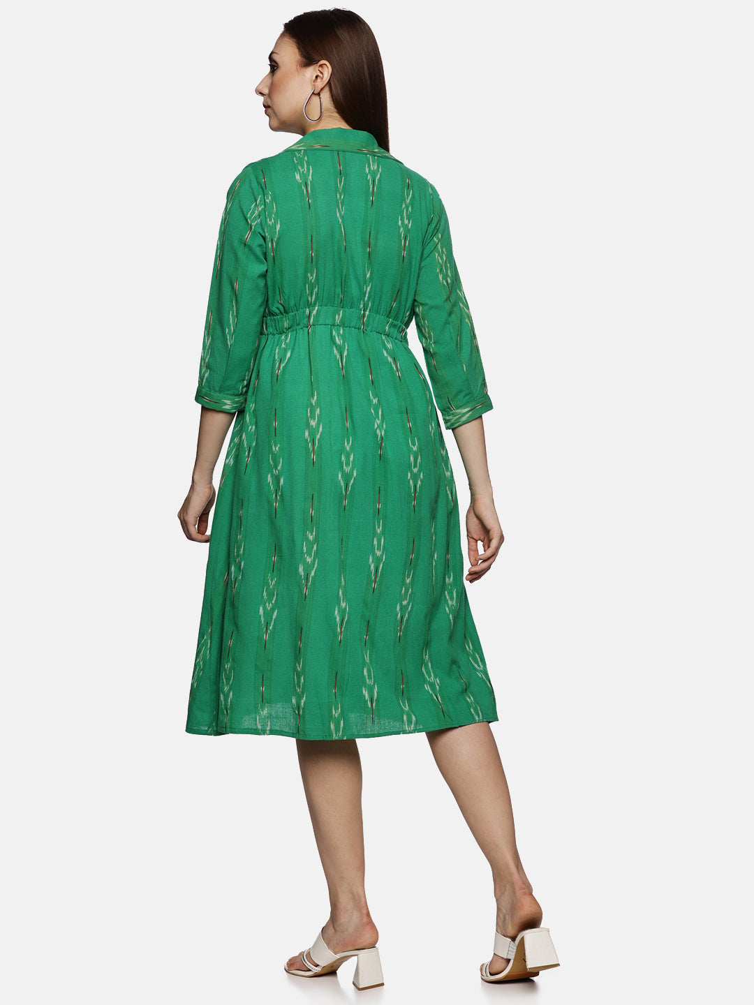 Shirt Collar A-Line Dress-Green
