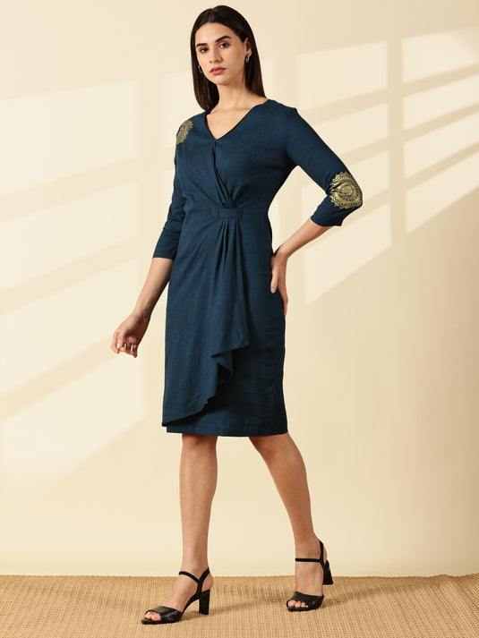 Teal Mandala Drape Business Dress
