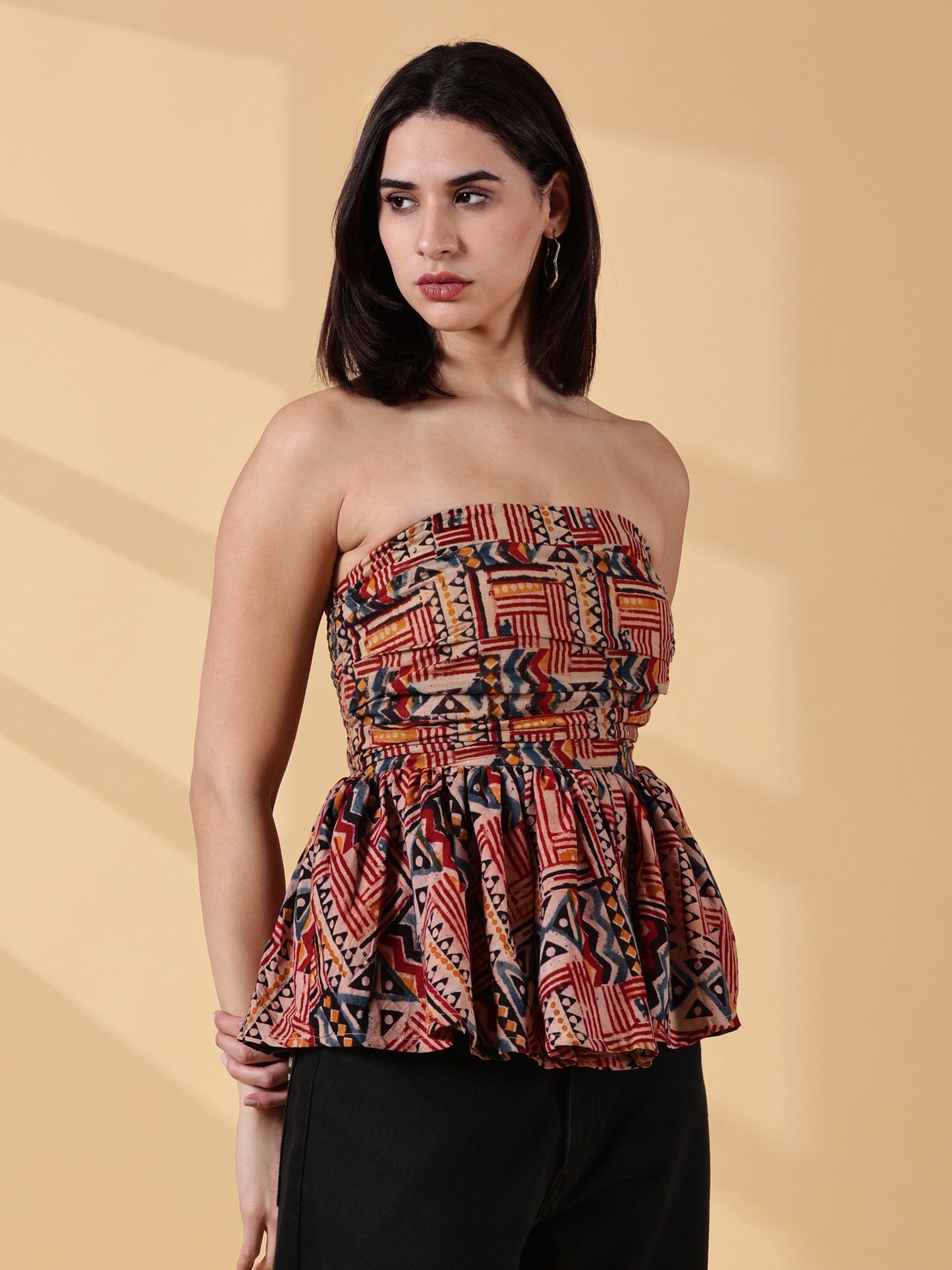 Indyvarna Janya Kalamkari Peplum Top – Rust & Indigo Handblock