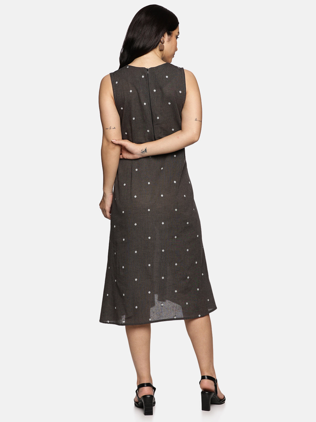 Polka Dot Handwoven A-Line Dress-Grey