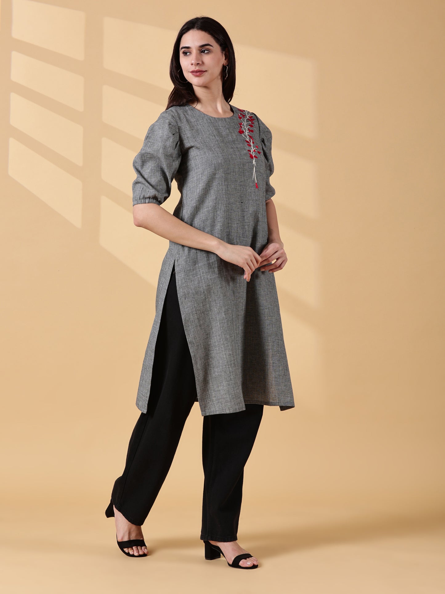 Indyvarna Anvi Cotton Embroidered Kurta – Slate Grey Bloom