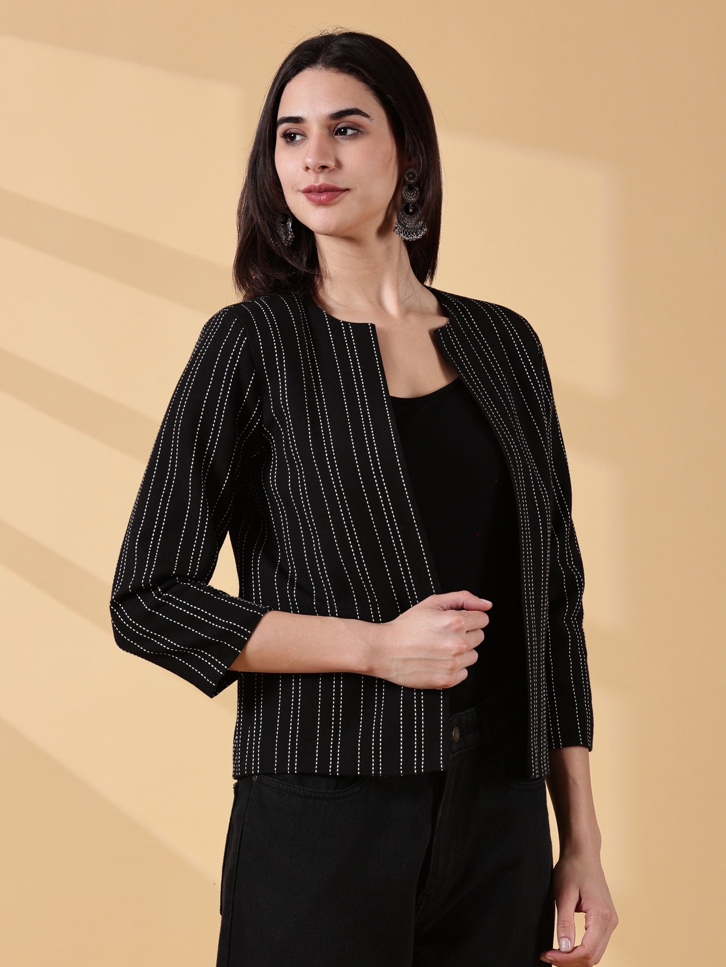 Midnight Classic Black Stripes-Open-Front Blazer-Handwoven Cotton  – Rekha Edit