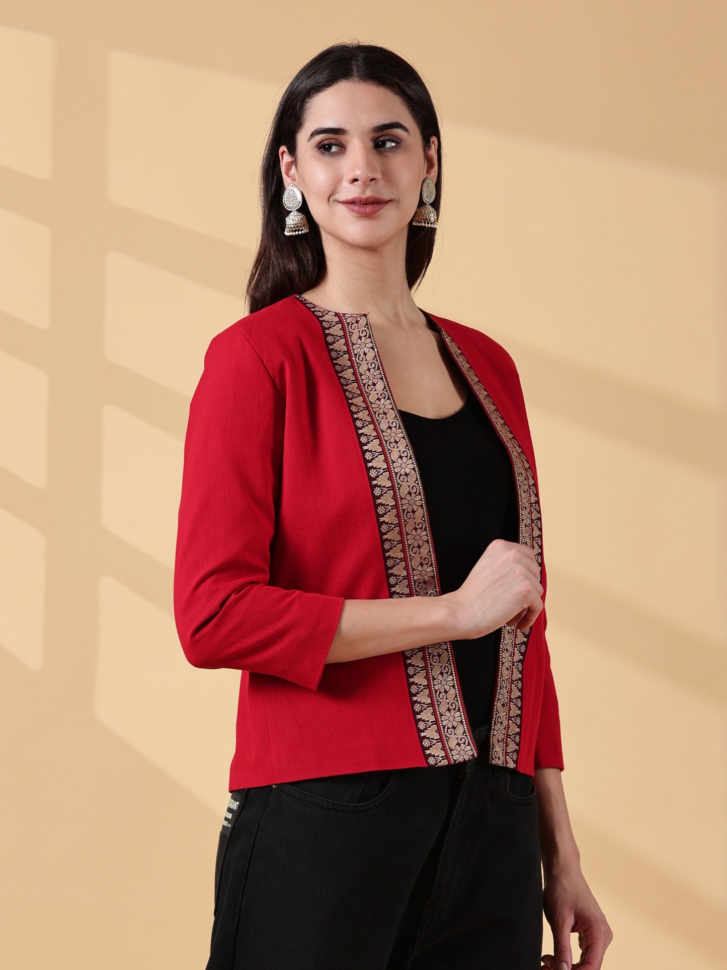 Festive Red Handwoven Cotton Open-Front Blazer – Rekha Edition