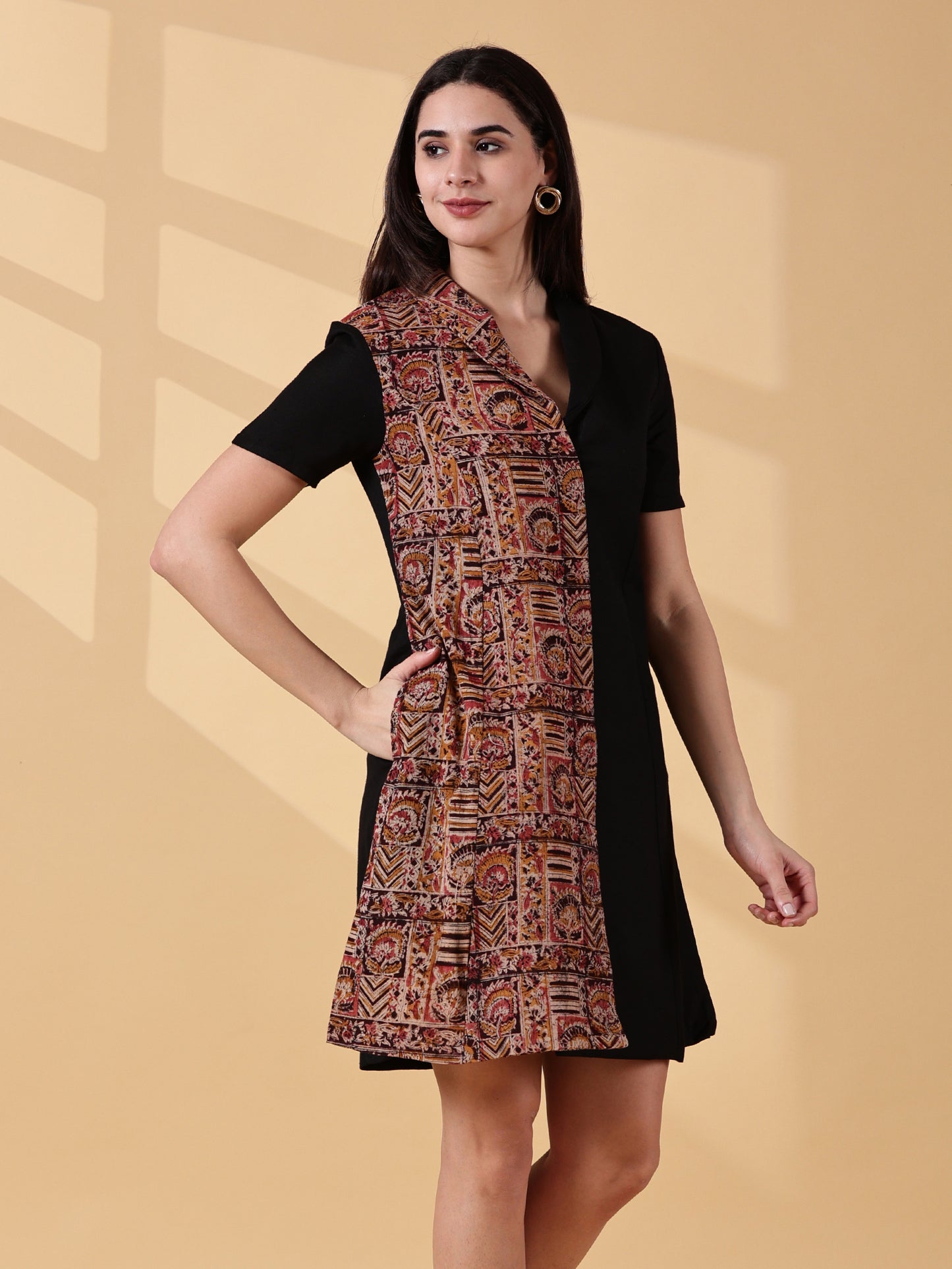 Kaya Half & Half Cotton Work Dress – Kalamkari & Black