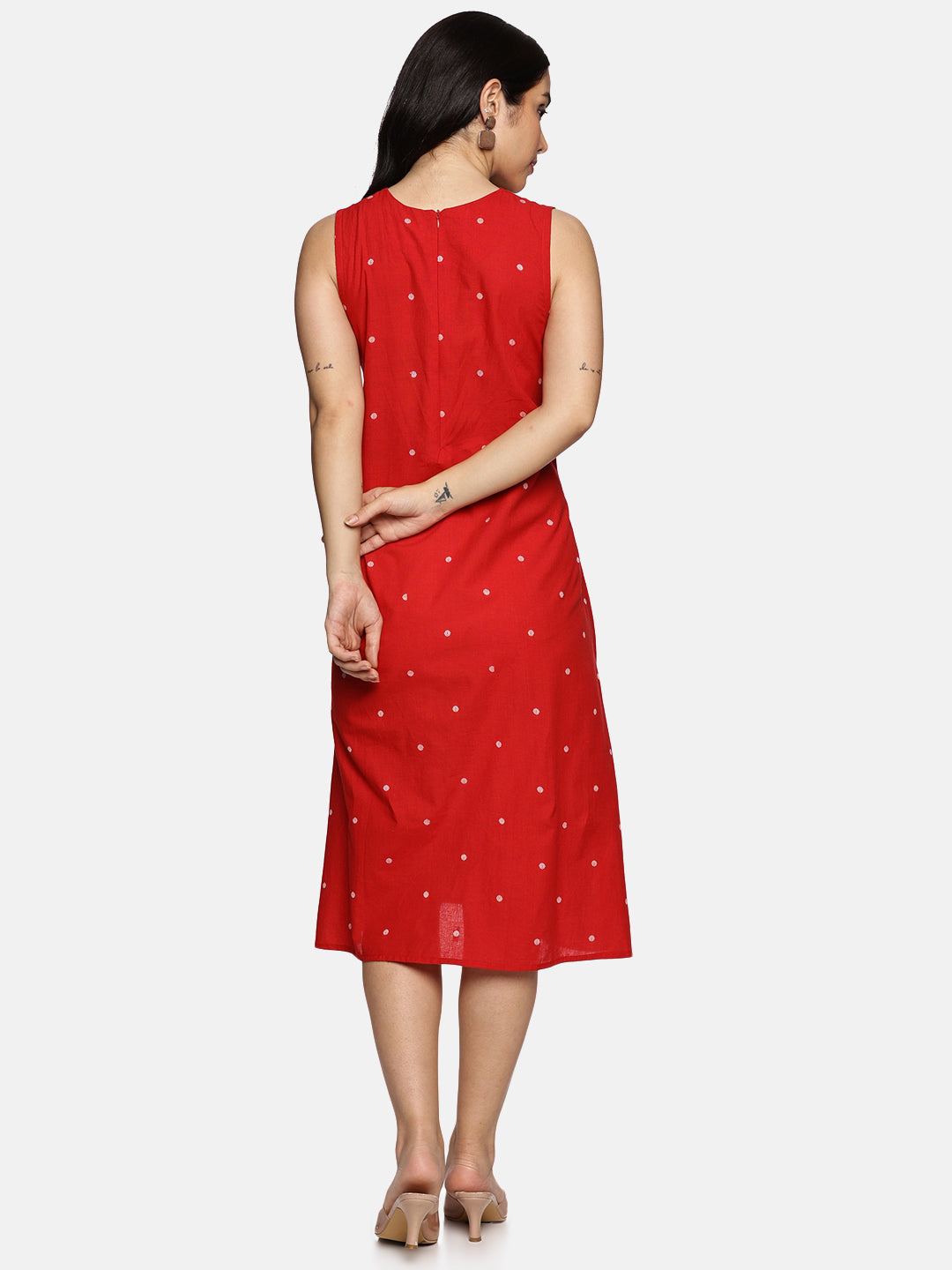 Polka Dot Handwoven A-Line Dress-Red
