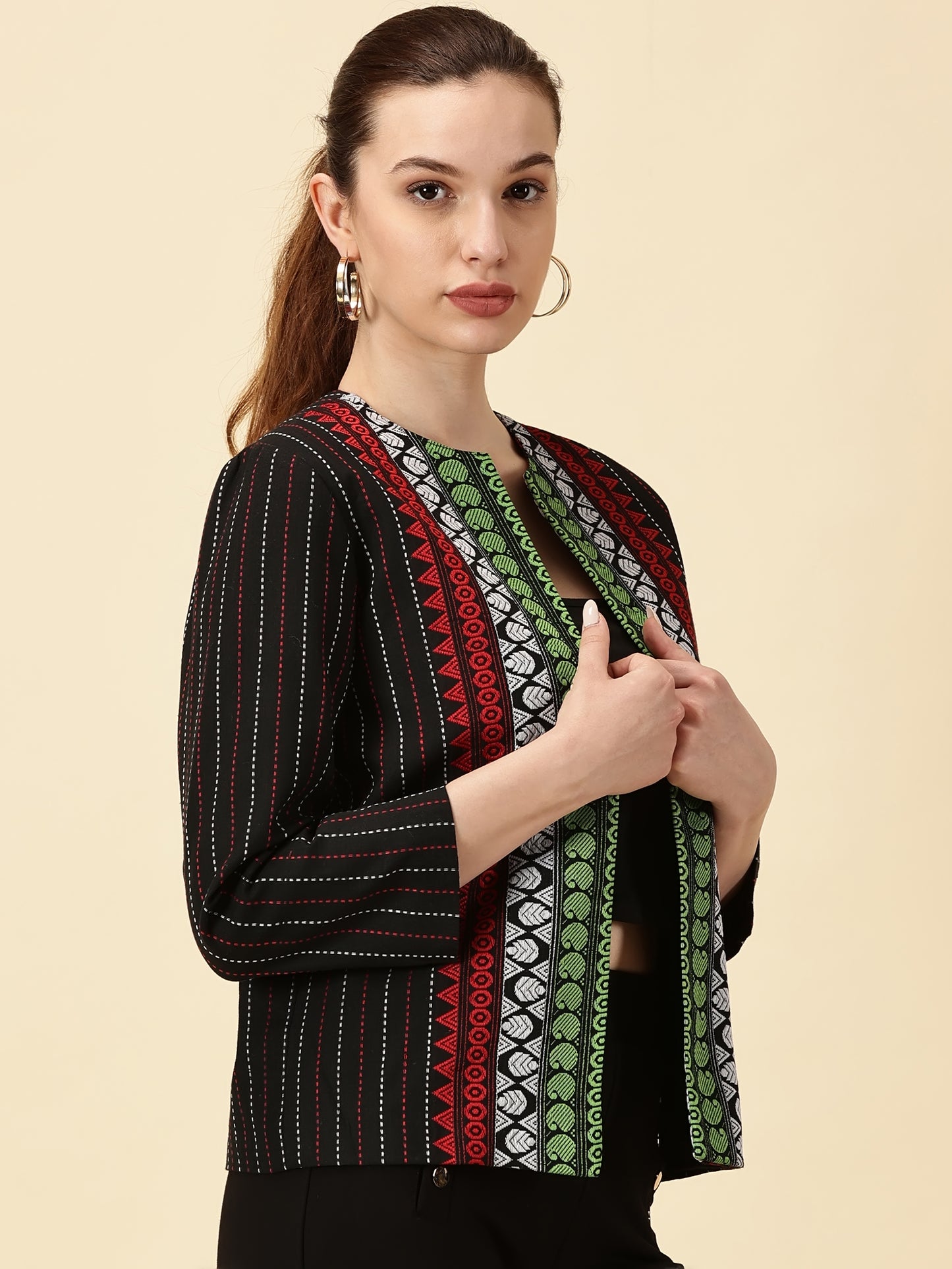 Handwoven Open Front Blazer – Red & Green Border Detail Heritage Weave. Bold Vibes.