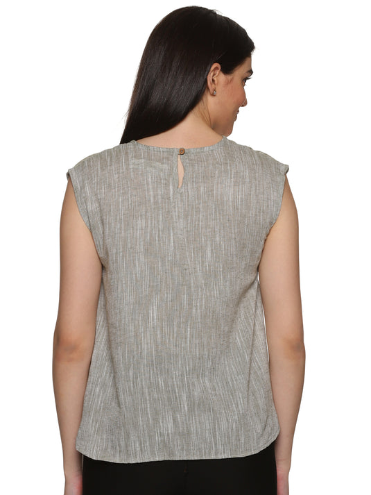 A beautiful back view of lady in Cotton Drop Shoulder Khadi Grey Top, womens workwear