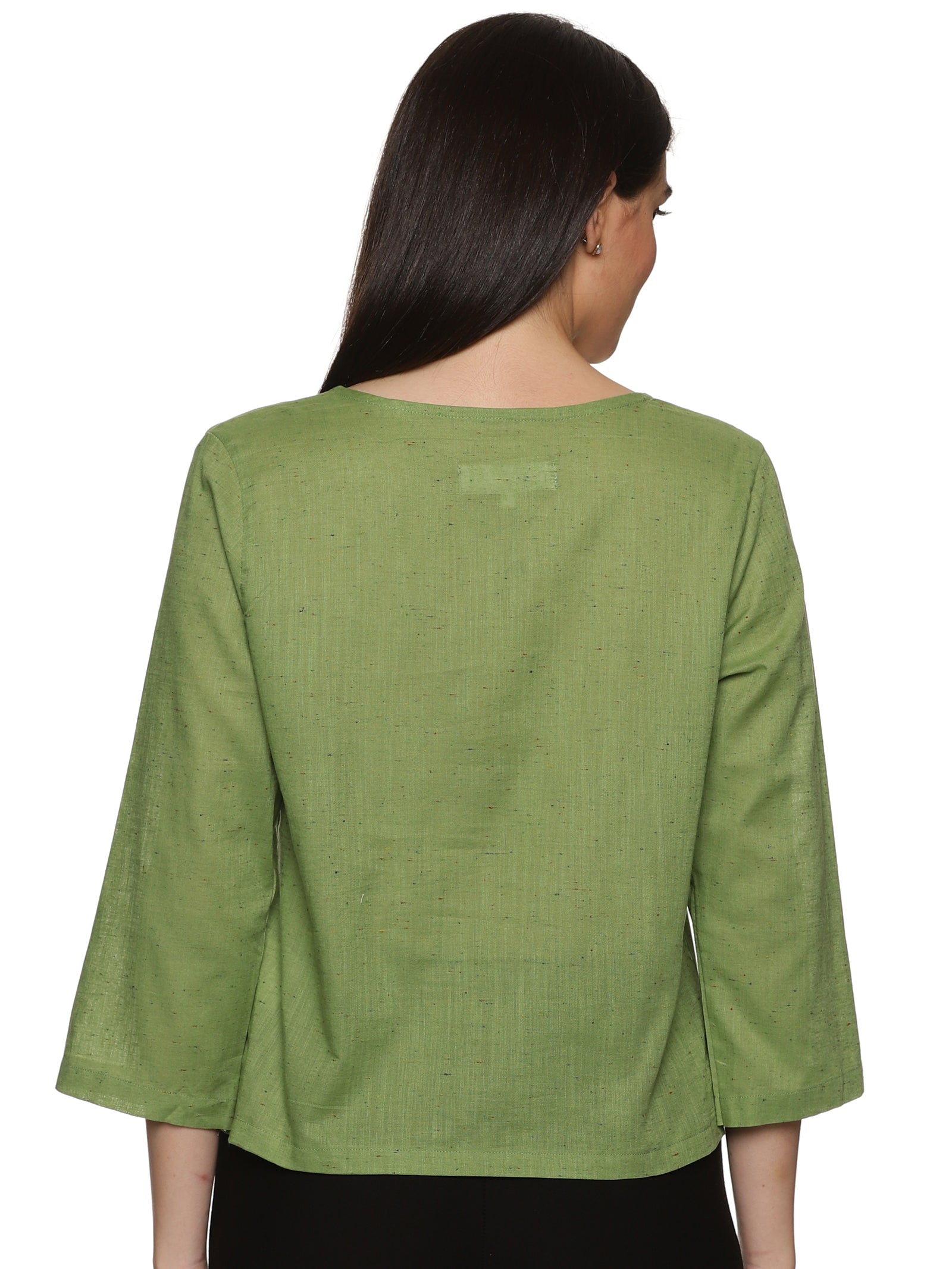 A beautiful back view of lady in Green Asymmetric Neck Side Button Top, womens workwear