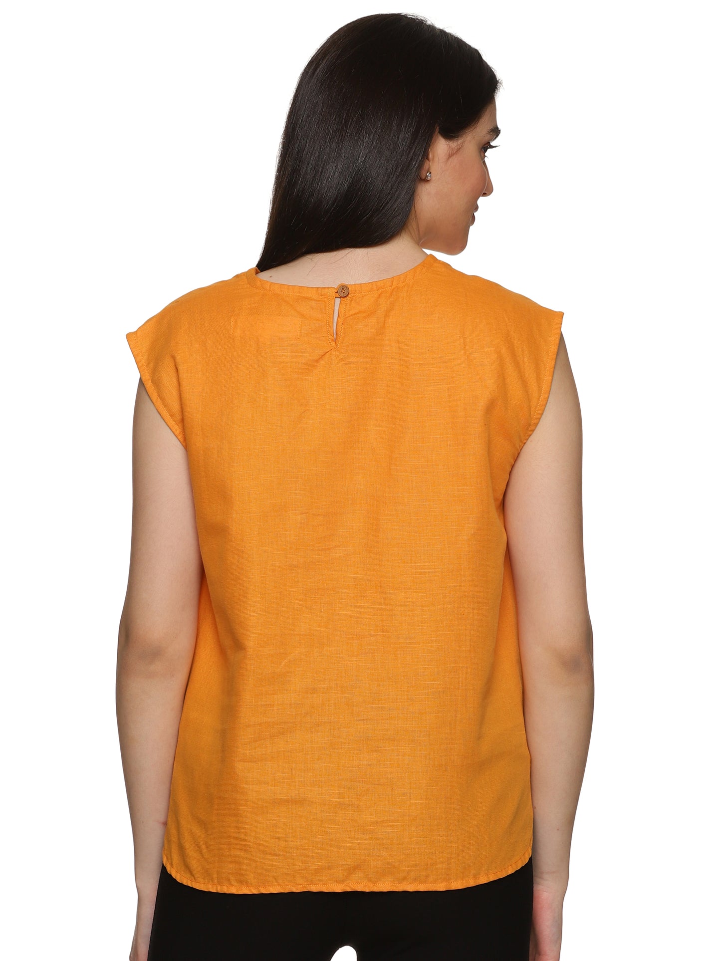 A back view of lady in Cotton Drop Shoulder Orange Top, womens workwear