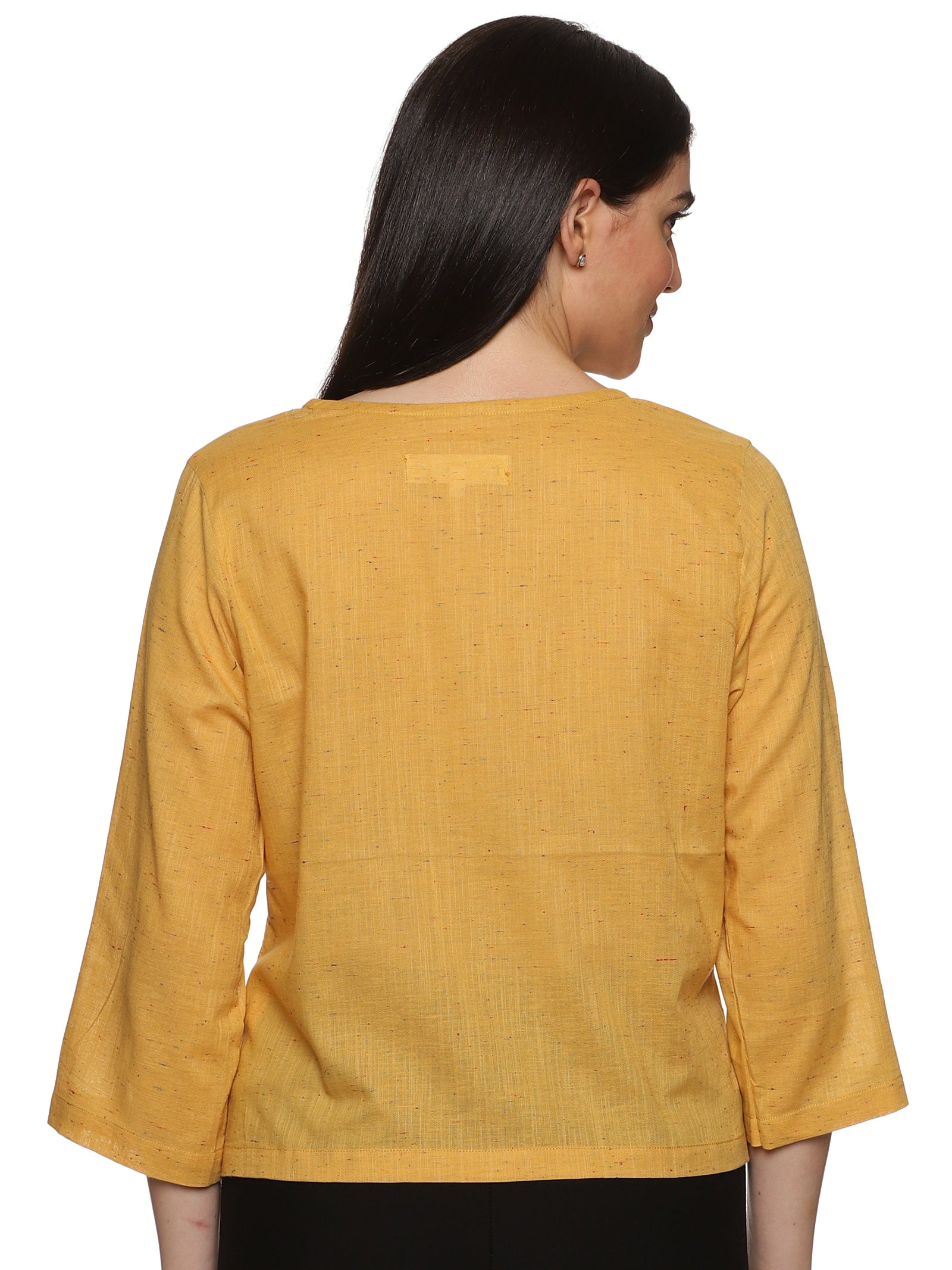 A beautiful back view of lady in Mustard Asymmetric Neck Side Button Top, womens workwear